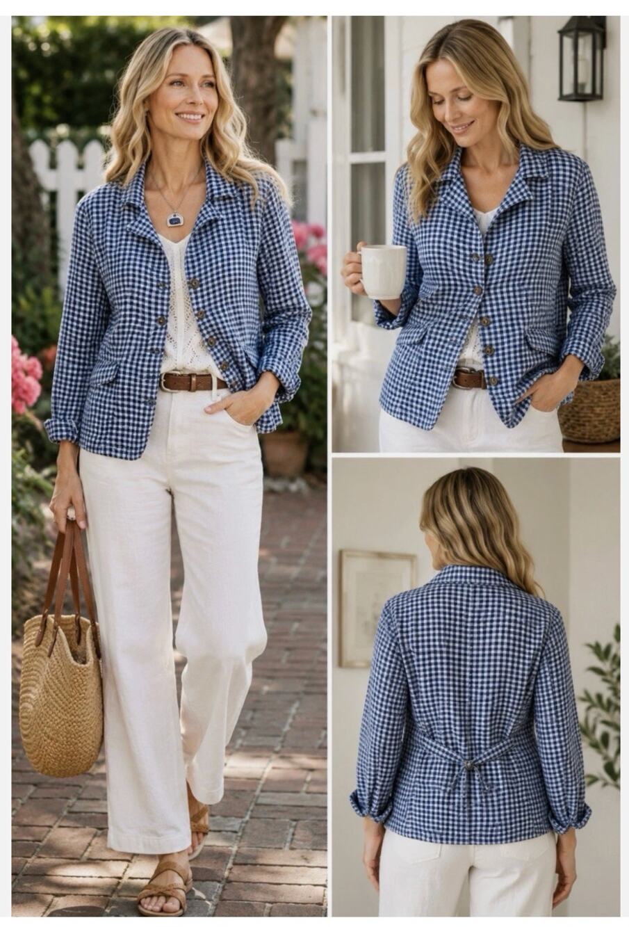 Sundance Ziri 100% Linen Checkered Blue & White Blazer Jacket size XS